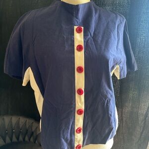 Alice’s pig Navy and White Button-Up Top with Red/pink Accents